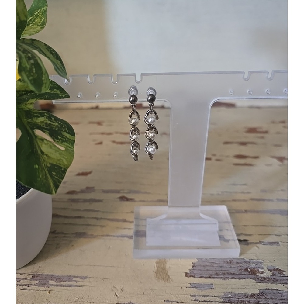 Vintage Silver Tone‎ Faux Pearl Dangle Earrings Tiered Chain Link Drop
